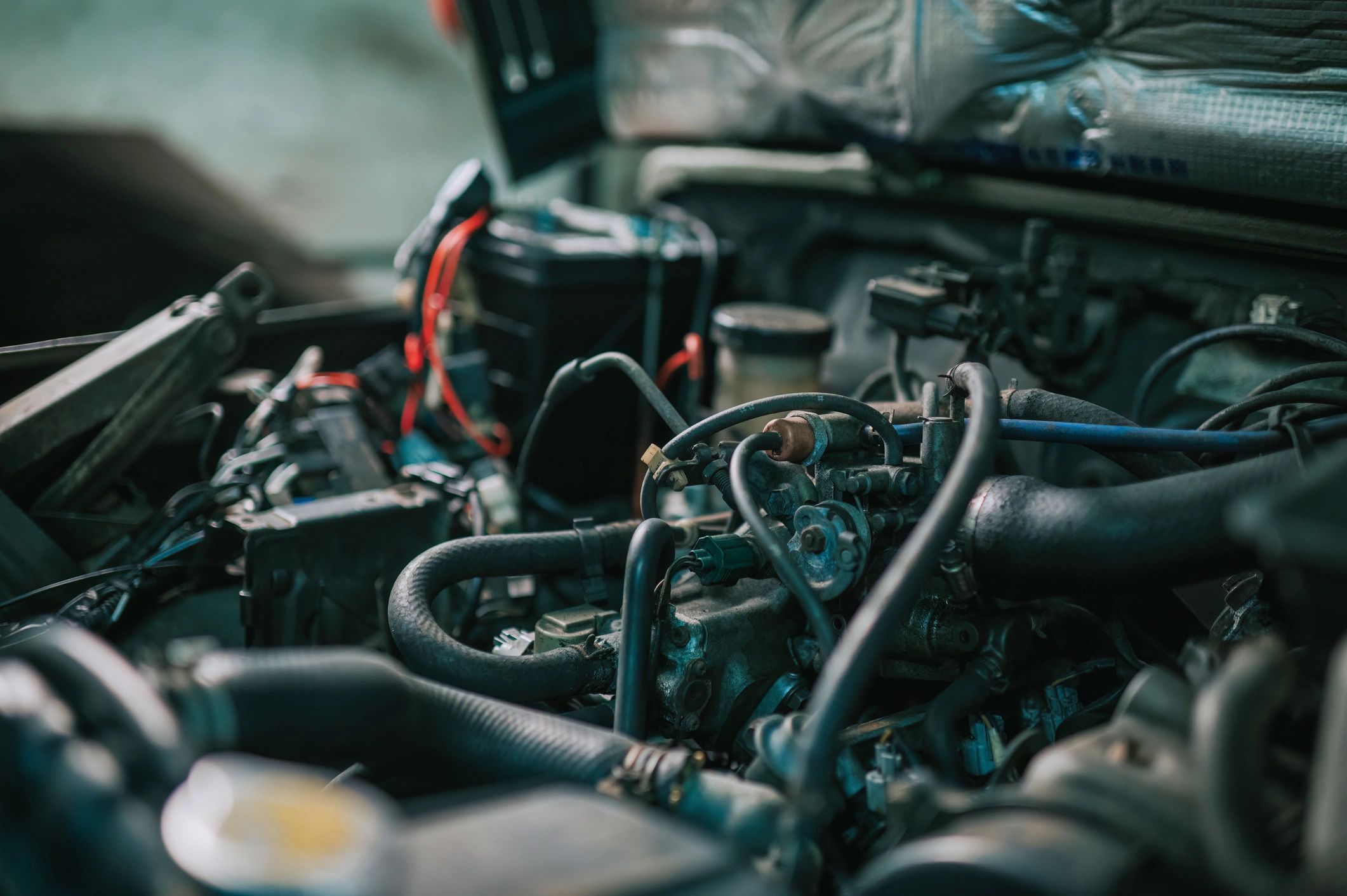 Close-up of a car engine during service